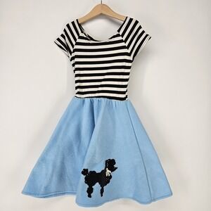 Girls 1950s Retro Poodle Dress Blue Black White Striped Costume Girls XS